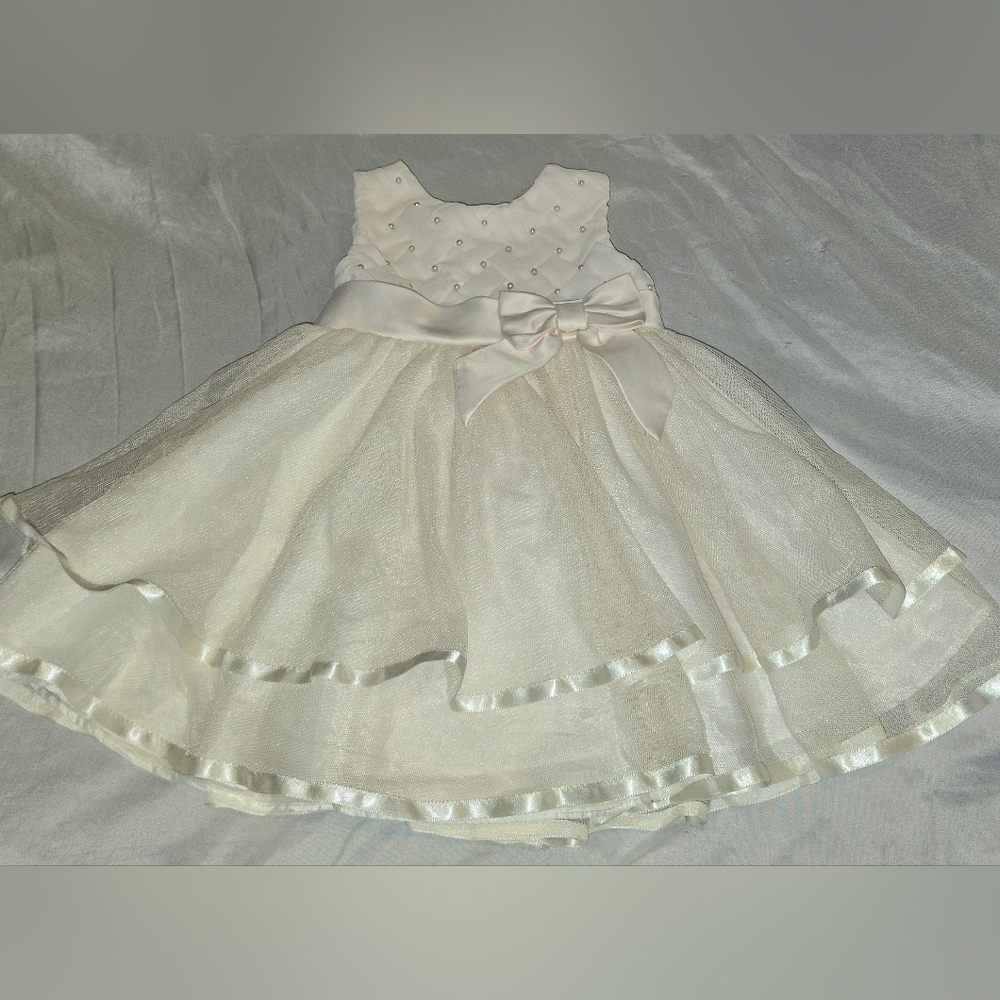 Rare Editions Cream  Baby Girl 18 Months Dress with Satin Bow  With Pearls